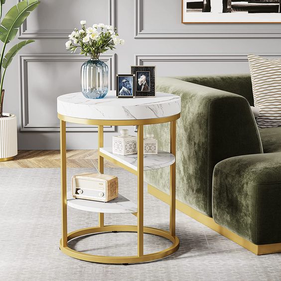 Round End Table, Small Side Table Nightstand with 3-Tier Shelves  | SST-5028