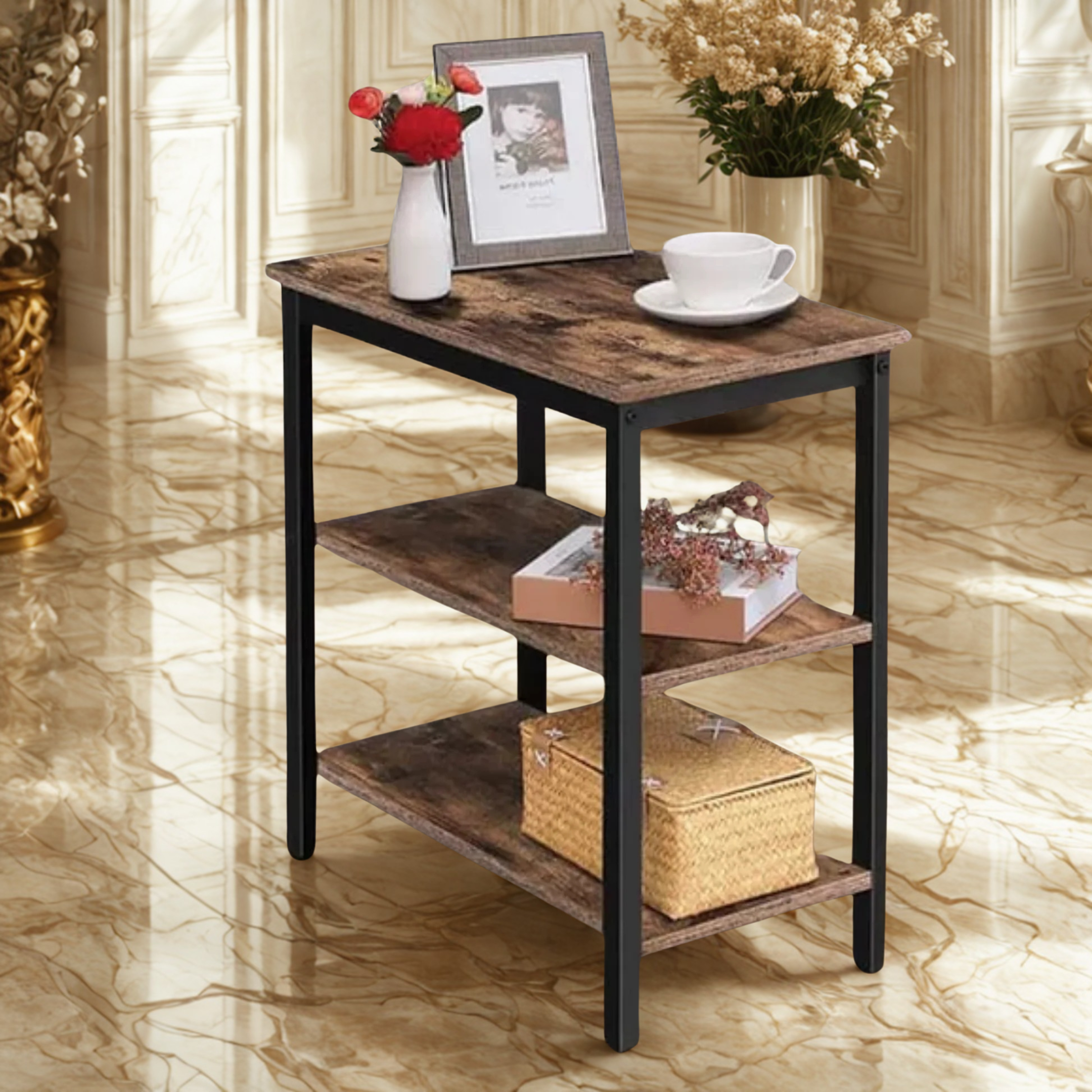 Sofa Side Table, Simple Rustic Side Table with 3-Tier Storage Shelf | MST-0339