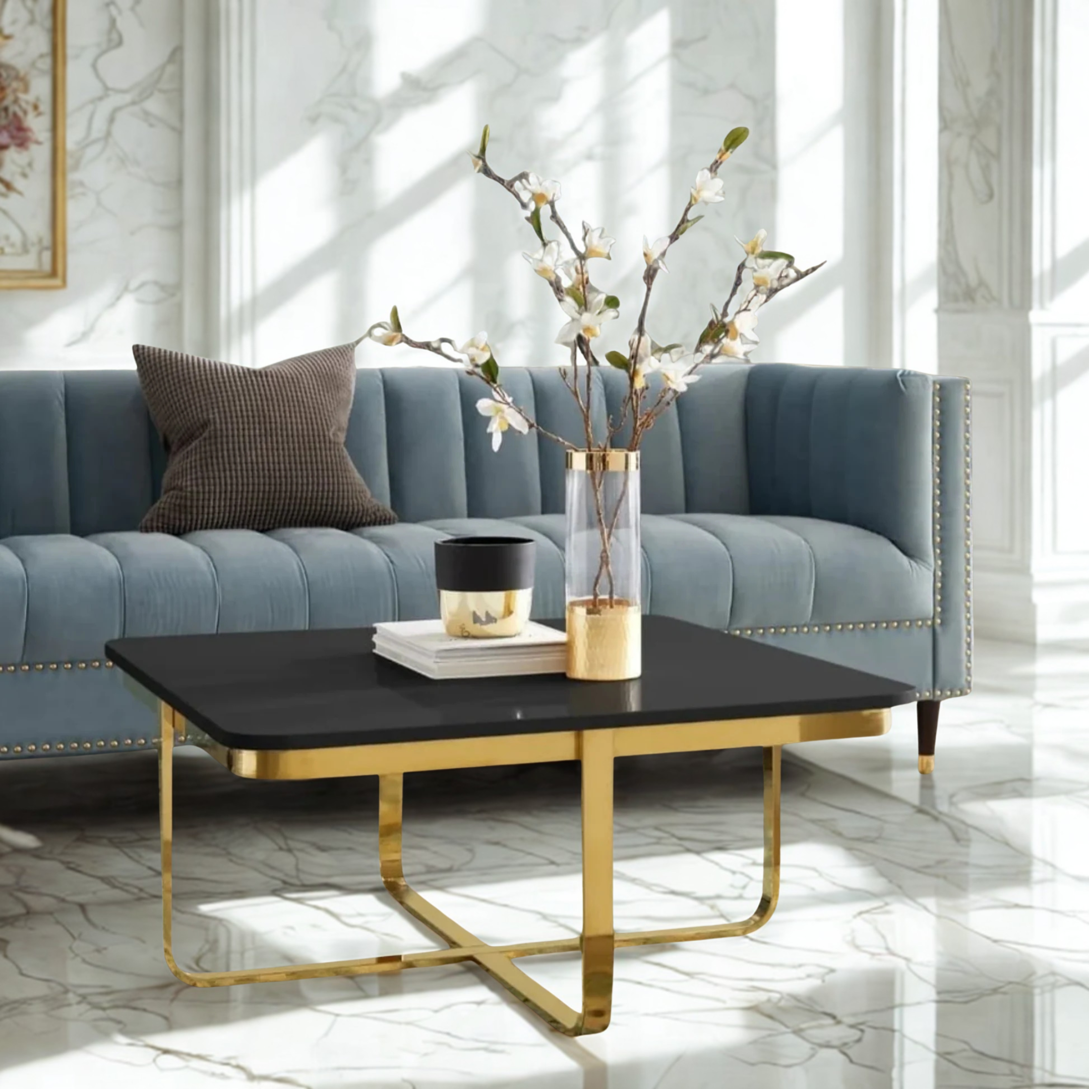 Latrice Black/Gold Coffee Table High Gloss Lacquer Finish Top  | MST-0372