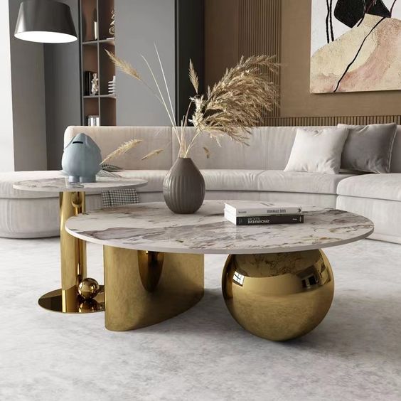 Modern Design Gold/Black Round Center Table With Slate Table Electroplated Finish (2.P Set)