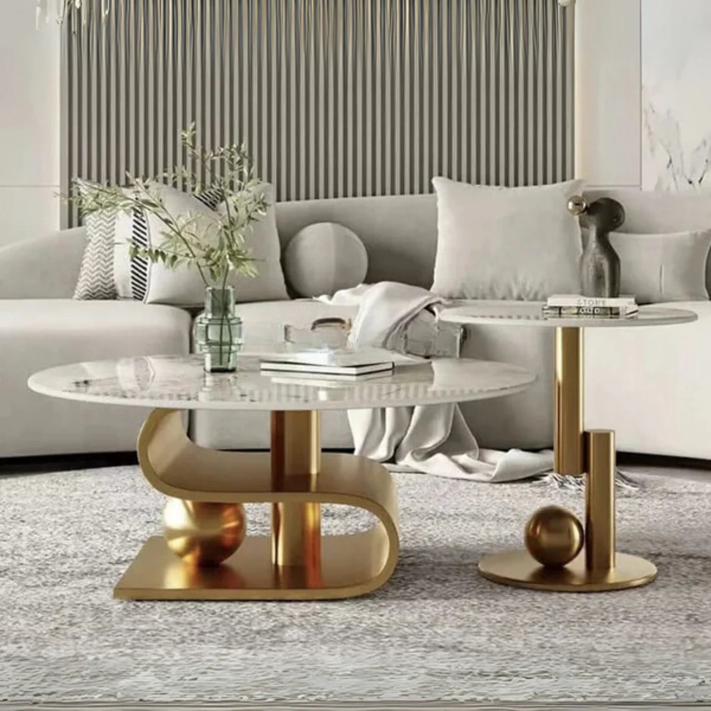 Luxury Pedestal Coffee Table & Slate Table Set with Chrome Finish  | MTC-