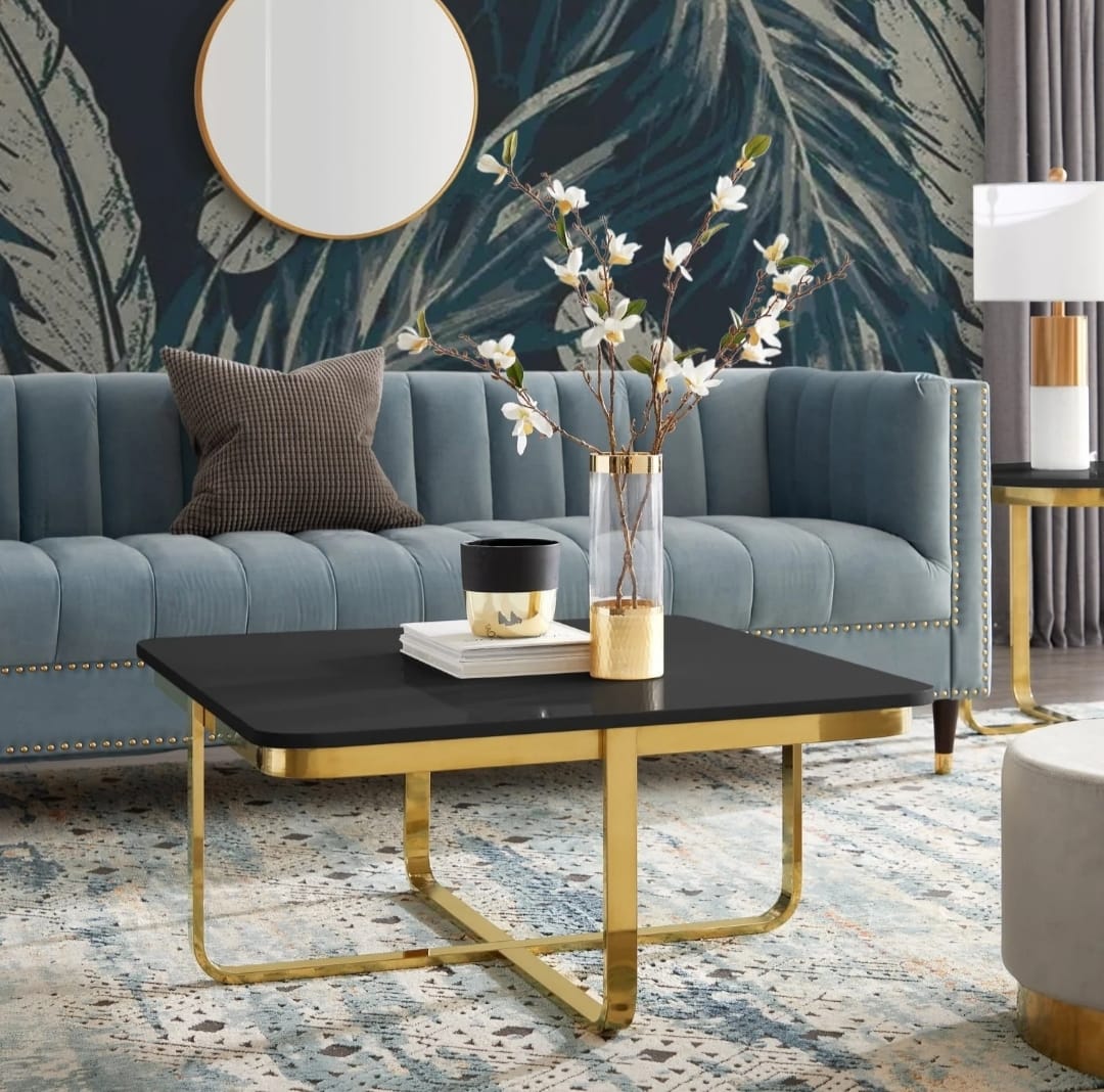 Latrice Black/Gold Coffee Table High Gloss UV Sheet Top With Chrome Finish | MTC-