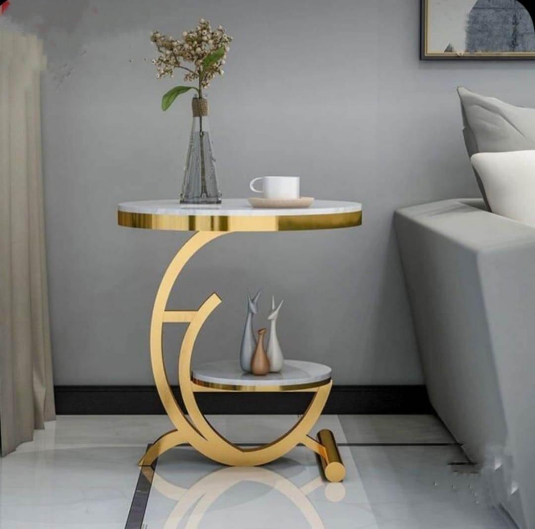 Bedside End Table for Laptop,Books Coffee, 2-Tier Accent Side Round Table With Chrome Finish  | SST-5046