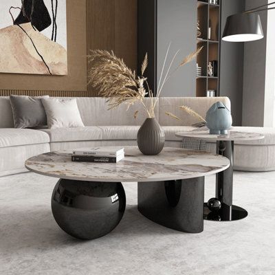 Modern Design Gold/Black Round Center Table With Slate Table Electroplated Finish (2.P Set)