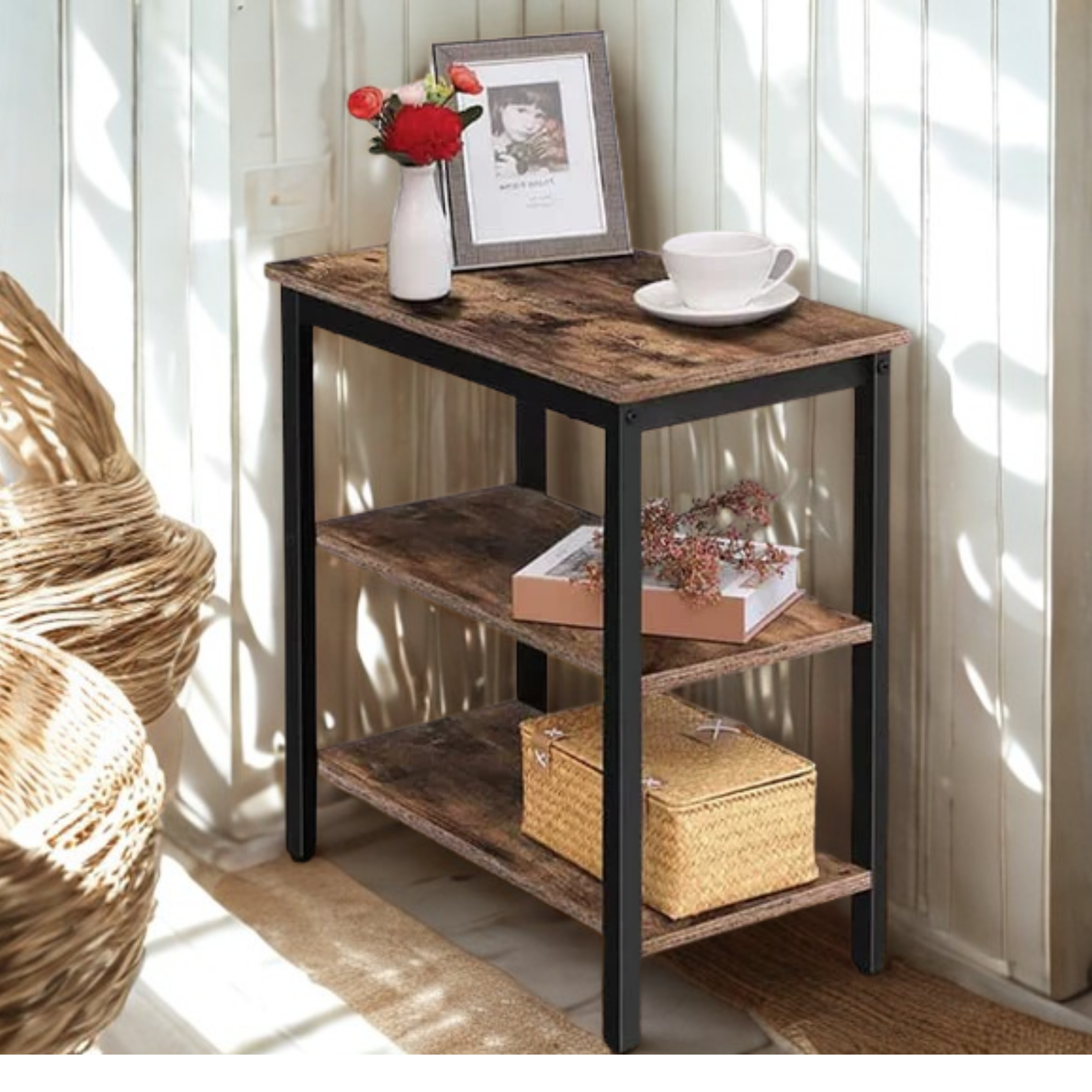 Sofa Side Table, Simple Rustic Side Table with 3-Tier Storage Shelf | MST-0339