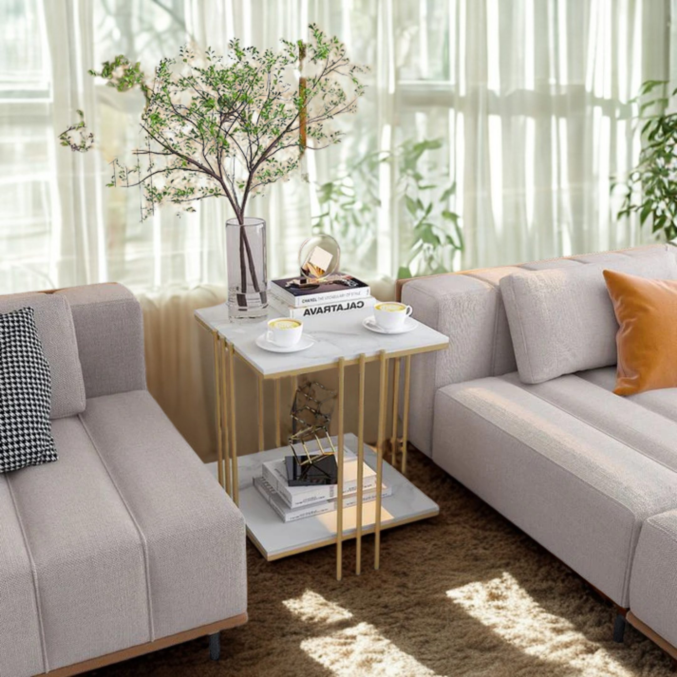 Mdf Top Side Table Gold: 2 Tier Square Table | MST-0401